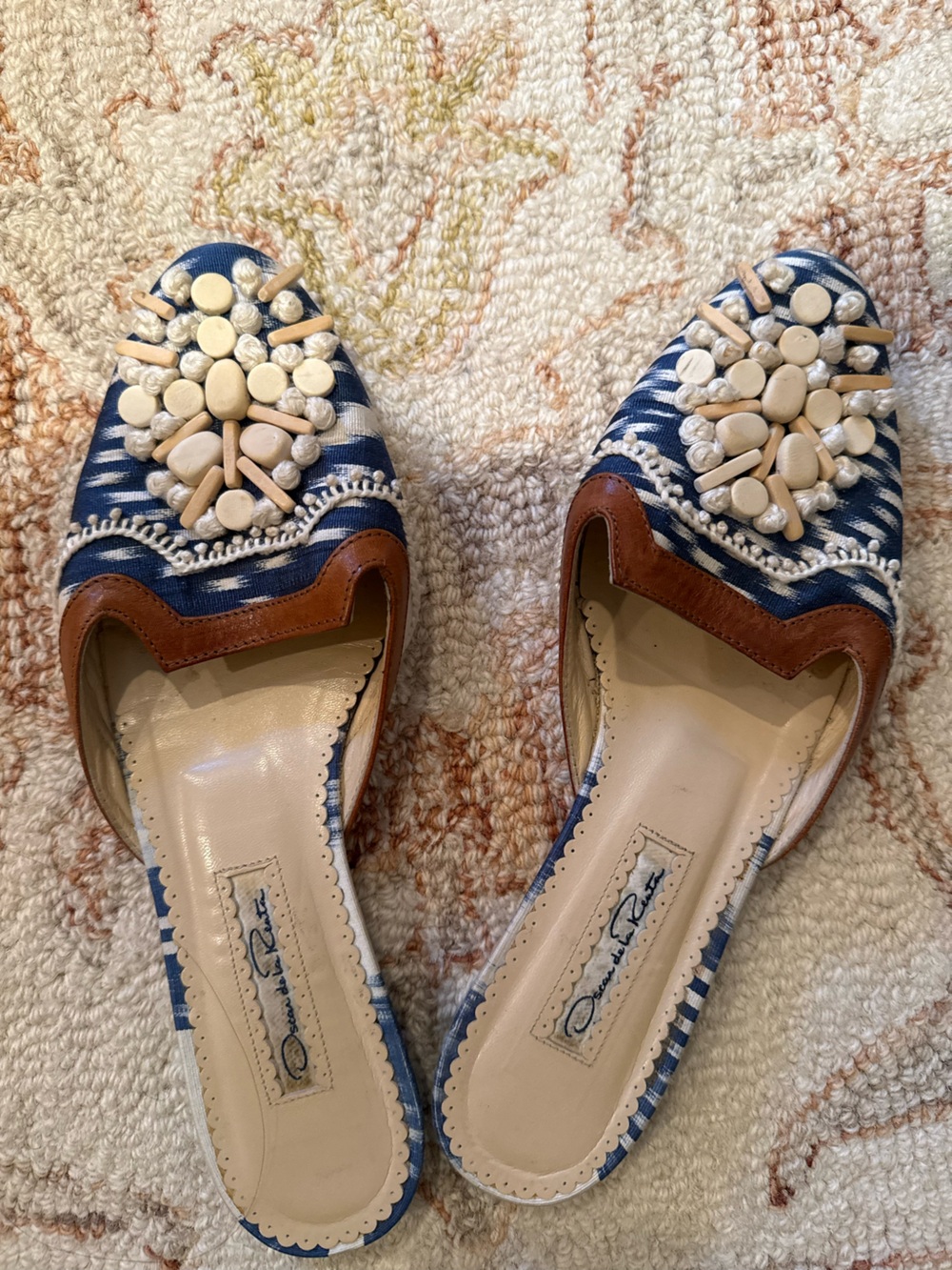 Vintage Oscar de la Renta Navy and Brown Beaded Pointed-Toe Flats